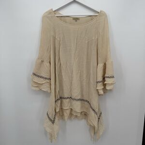 Oh Gussie Beige Tan Ruffle Sleeve Boho Ruffle Asymmetrical Top Blouse Size XL